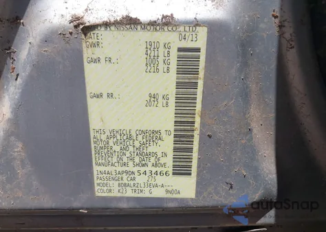 2013 Nissan Altima 2.5 S from USA, damaged, VIN 1N4AL3AP9DN543466